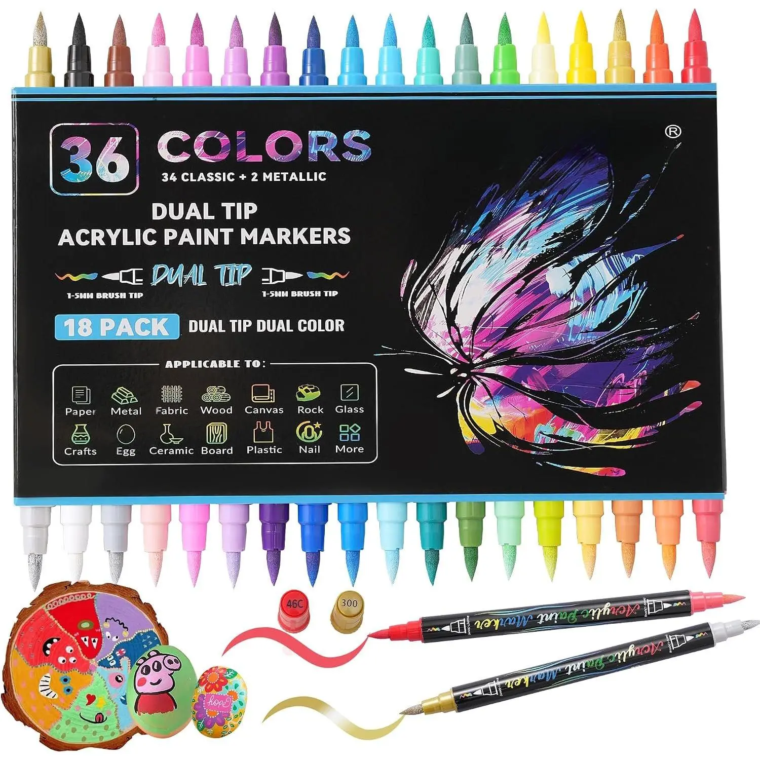 36-Color Dual Tips Brush Markers Set - 18-Pack with 2 Metallic Colors, Office Stationery Art Supplies for Rock Painting, Canvas