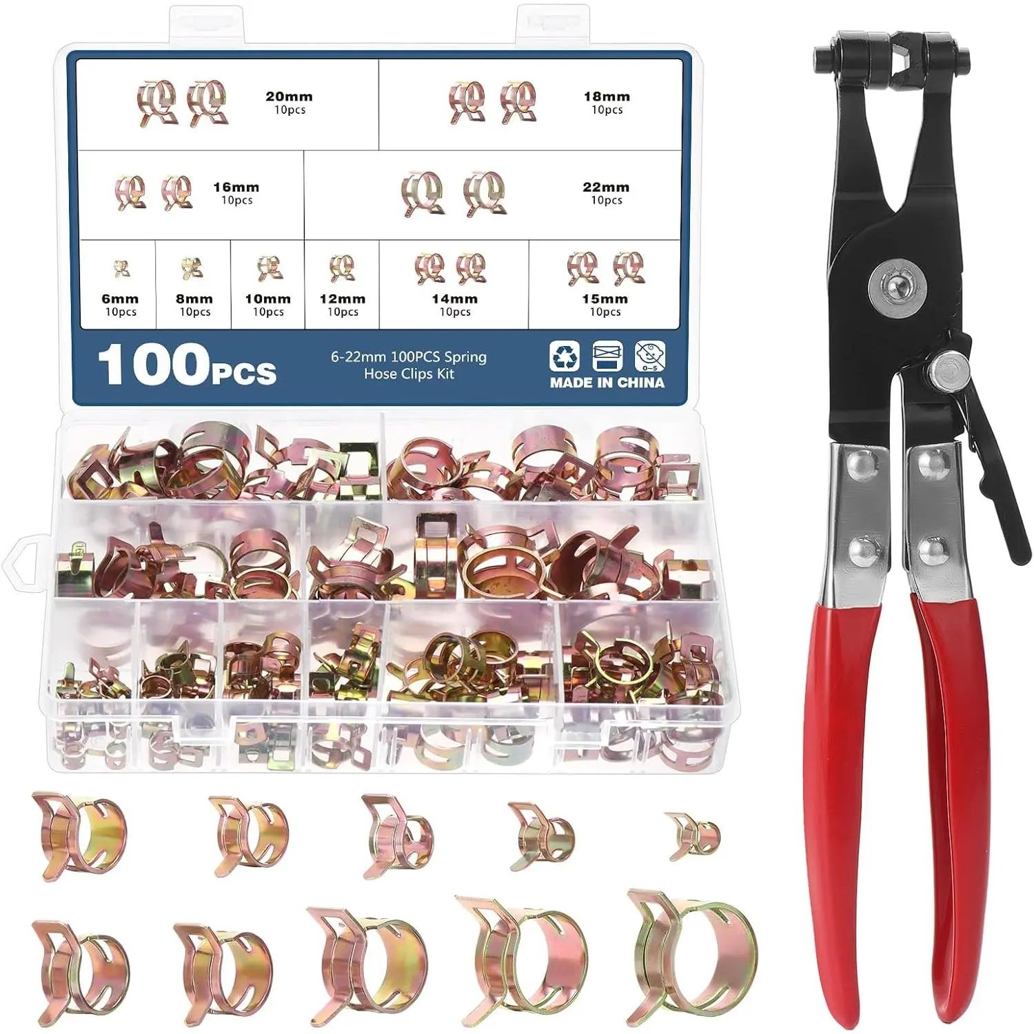 100 Pack 6-22mm 10Size  line Spring Clamp  Vacuum Hose Pipe Clamp Steel Wire Tube Pipe Clip With a Hose Clamp Pliers