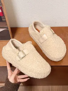 Trendy Teddy Bear Hair Drag Shoes, Two-Way Design, Retro Metal Buckle, Loose Fit, Thick Sole, Anti-Slip, Fall & Winter Essential