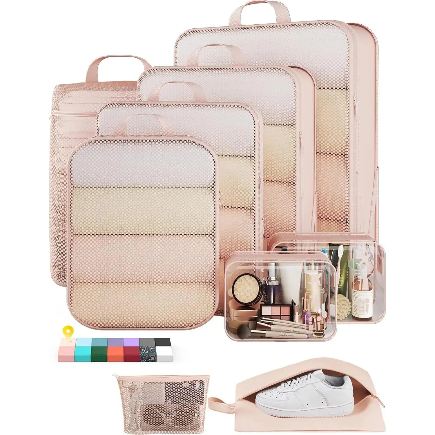 9/11 Set Compression Packing Cubes for Travel Essentials,Compressible Expandable Large Luggage Suitcase Organizer Bags for Clothing,Durable Space Saver Storage Bags with Toiletry Bags(Beige)