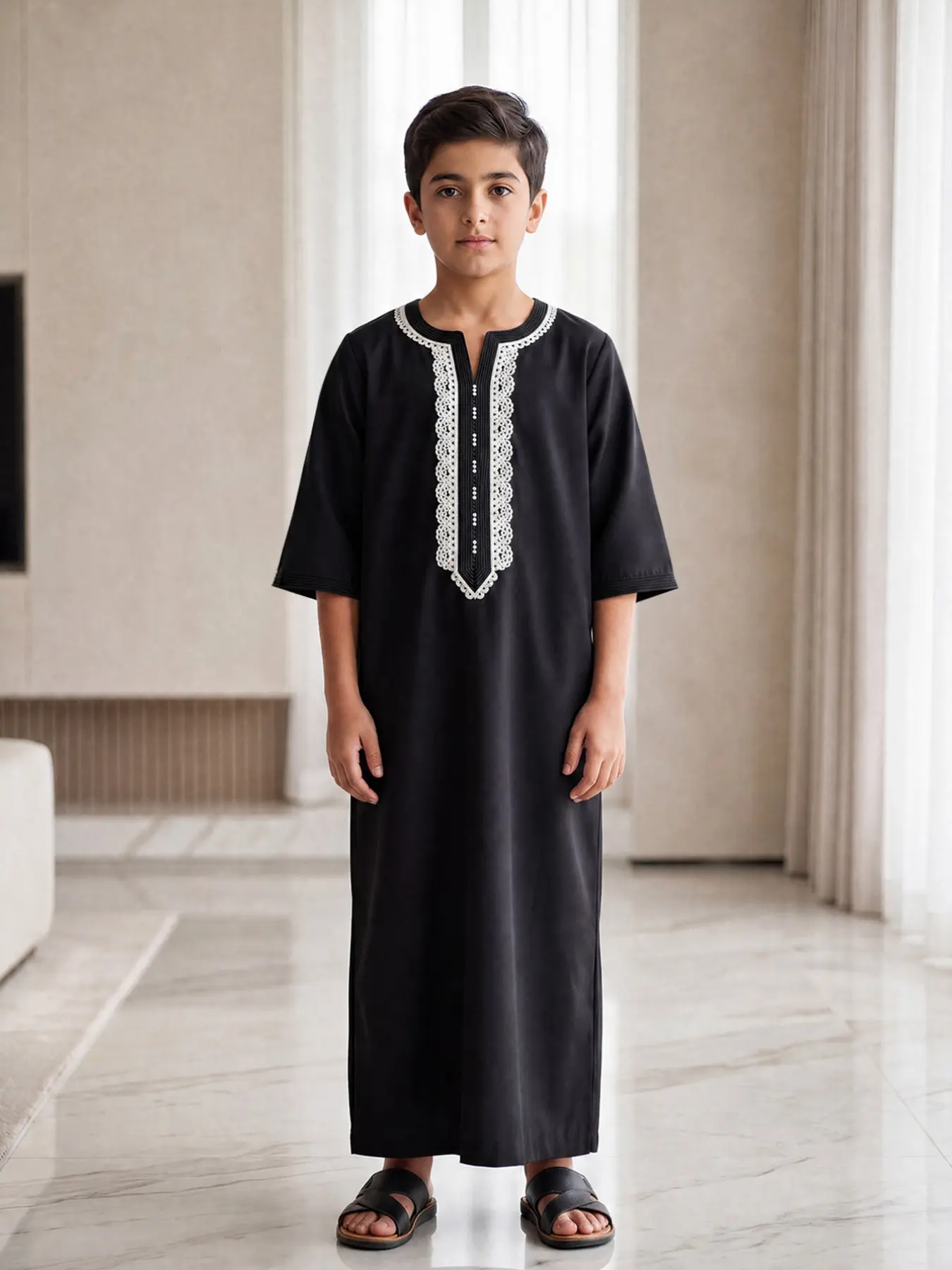Moroccan Boy Elegant Embroidered Thobe, Arabic Clothing, V Neck Three Quarter Sleeve Side Pockets, Suitable for Boys Aged 8-12 Years, Stylish Kids Clothing