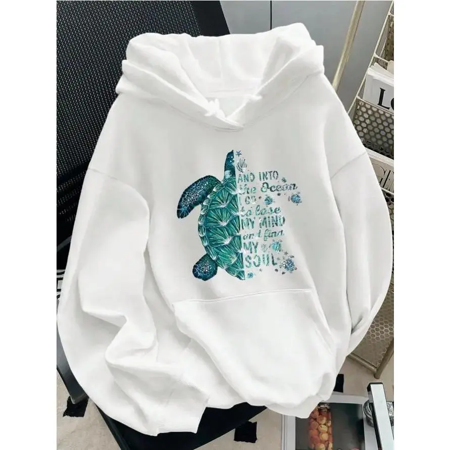 Women's Plus Size Casual Turtle Neck Slogan Print Drop Shoulder Cotton Hoodie Sweatshirt - Fashion Solid Fabric, Comfortable Autumn/Winter Breathable Womenswear, Hoodies For Women, Pullover Hoodie