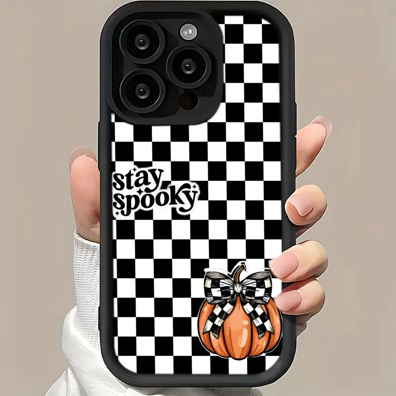 Stay Spooky Checkered Pumpkin Phone Case,Black White Grid Bow Pumpkin Retro Halloween Graphic for iPhone 17 16 15 14 13 12 11 Plus Pro Max,Classic Spooky Season Simple Casual Holiday Present Gift
