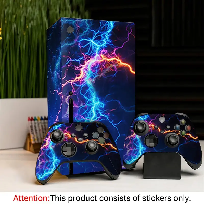 Vibrant Blue Lightning Abstract Art Aesthetic Stickers for Xbox Series X, Waterproof Scratch-Resistant Removable Decals, Full Set Including Controller