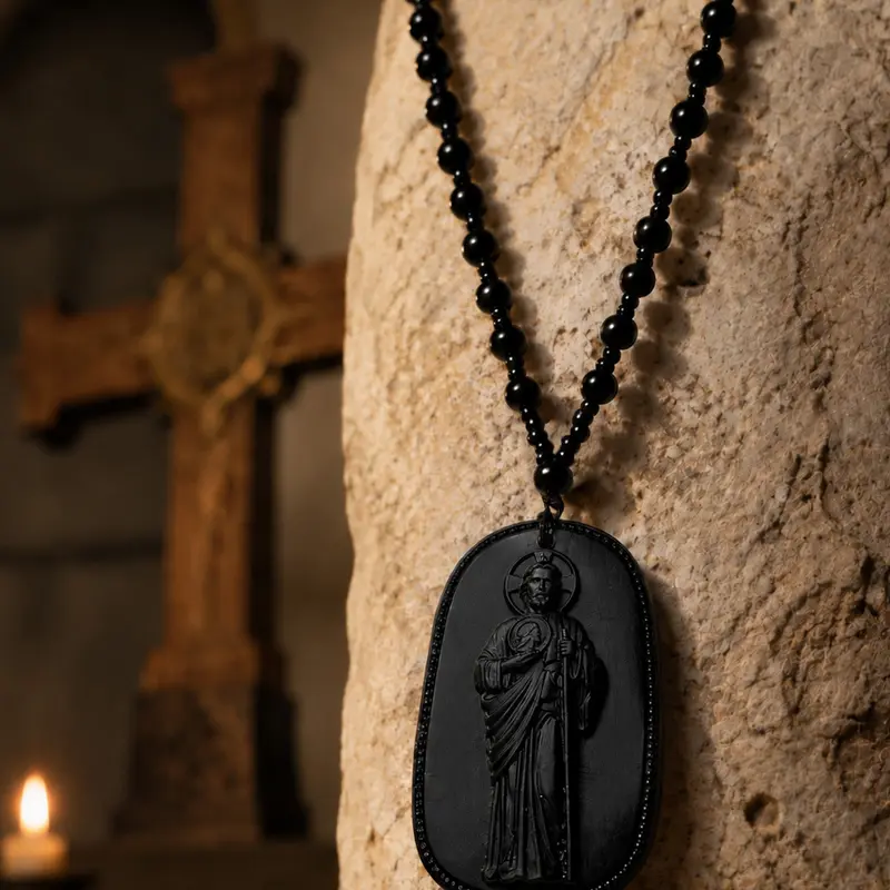 Saint Jude Pendant Necklace, Vintage Guardian Figure Carving Pendant, Gothic Atmosphere Beaded Necklace, Catholic Christian Religious Jewelry,San Judas Tadeo, Collar San Judas, Men's Necklace,Pendants of Jesus and Our Lady of Guadalupe, Catholic