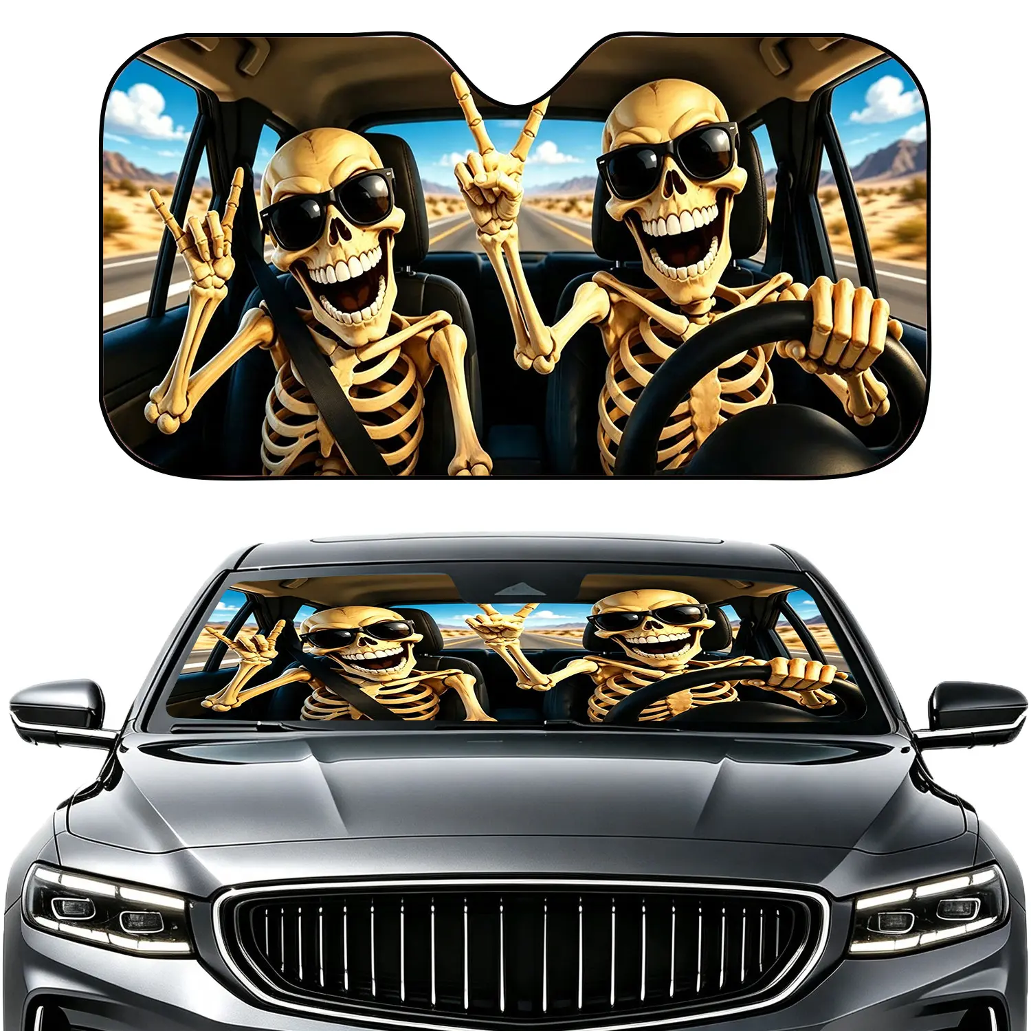 Car Shade Front Windshield,Hand Gestures Skull Car Sun Shade Windshield Sun Reflector Visor Protector Foldable Car Accessory