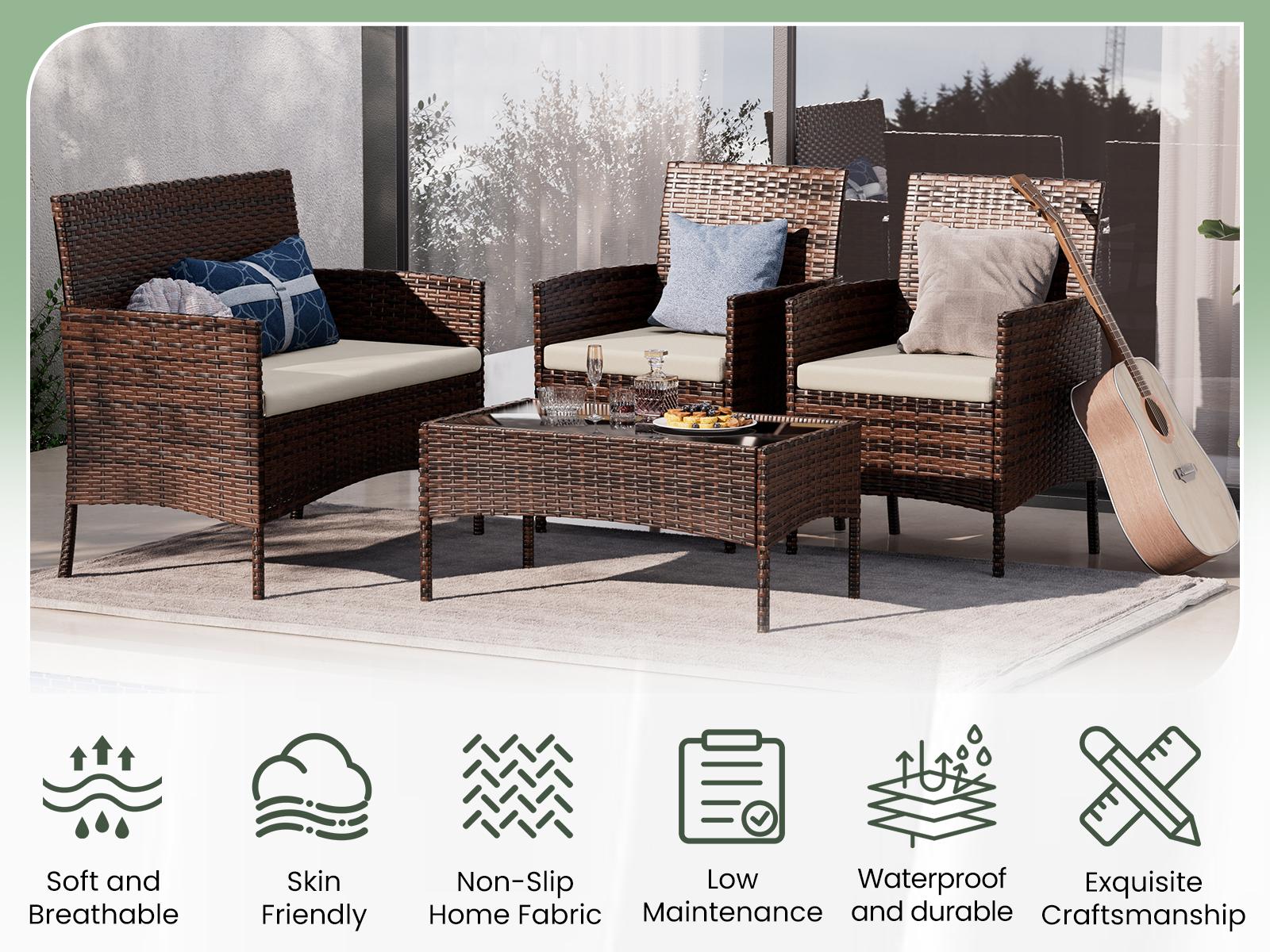UDPATIO 4-Piece Outdoor Patio Furniture Set Rattan chair Sectional Sofa with Cushions&Tempered Glass Table for Garden Luxury Lounge Home para exterior shatt wrproof SpringGardening UDPATIO 4-Piece Outdoor Patio Furniture Set Rattan chair Sectional Sofa with Cushions&Tempered Glass Table for Garden Luxury Lounge Home para exterior shatt wrproof SpringGardening