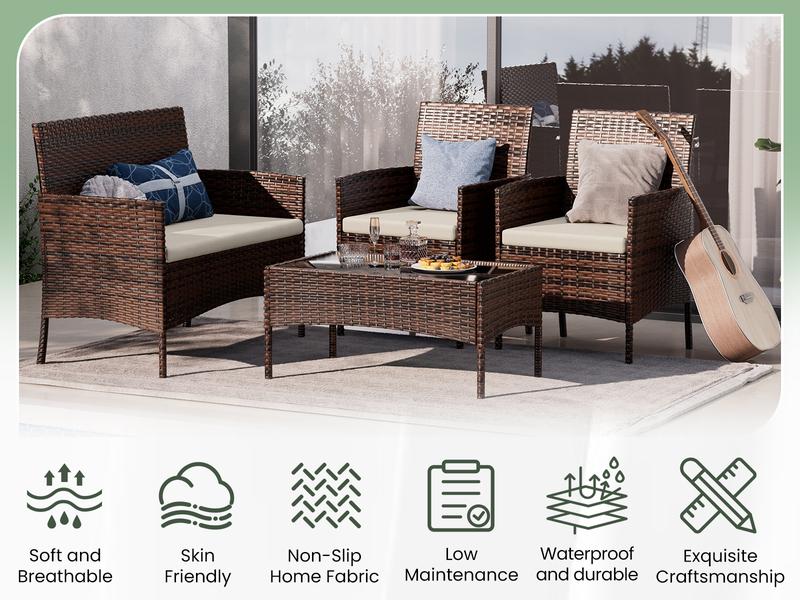 UDPATIO 4-Piece Outdoor Patio Furniture Set Rattan chair Sectional Sofa with Cushions&Tempered Glass Table for Garden Luxury Lounge Home para exterior shatt wrproof