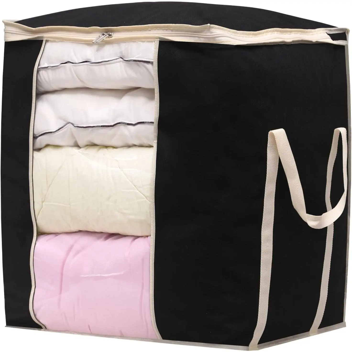 King Comforters Storage Bag 120L for Blankets Clothes Sweaters Beddings Organizer with Reinfored Handles Non-Metal Fabric Storage Bin Organizer, Black