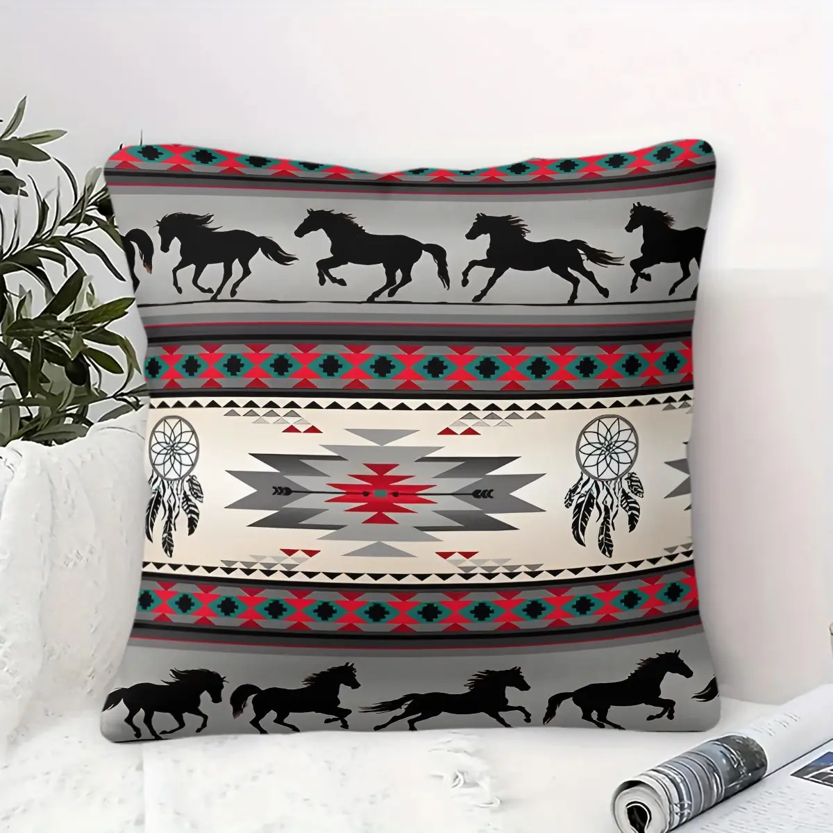Southwestern Aztec Horse Pattern Accent Pillow, Navajo Tribal Bohemian Style Throw Pillow, Soft and Comfortable Western Country Cottage Bedroom Decoration Cushion, Suitable for Sofas, Chairs and Beds (1 Piece Including Pillow Insert).