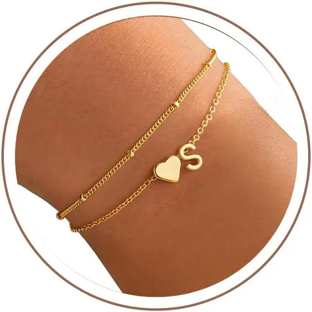 Heart Initial Bracelets for Woen Teen Girls, Letter A-Z Bracelet | 14K  Plated, Dainty Layered Heart Initial Bracelet, Personalized Birthday Gifts for Woen Teen Girls Gifts