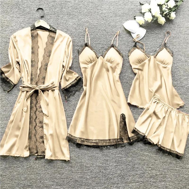 Lace Silk Pajamas Set Nightdress Sexy Lingerie Robe Women Sleepwear 4 Pieces Suits Sleeping Top And Shorts Femme Pijama Mujer Pj Loungewear Womenswear Homewear Solid233