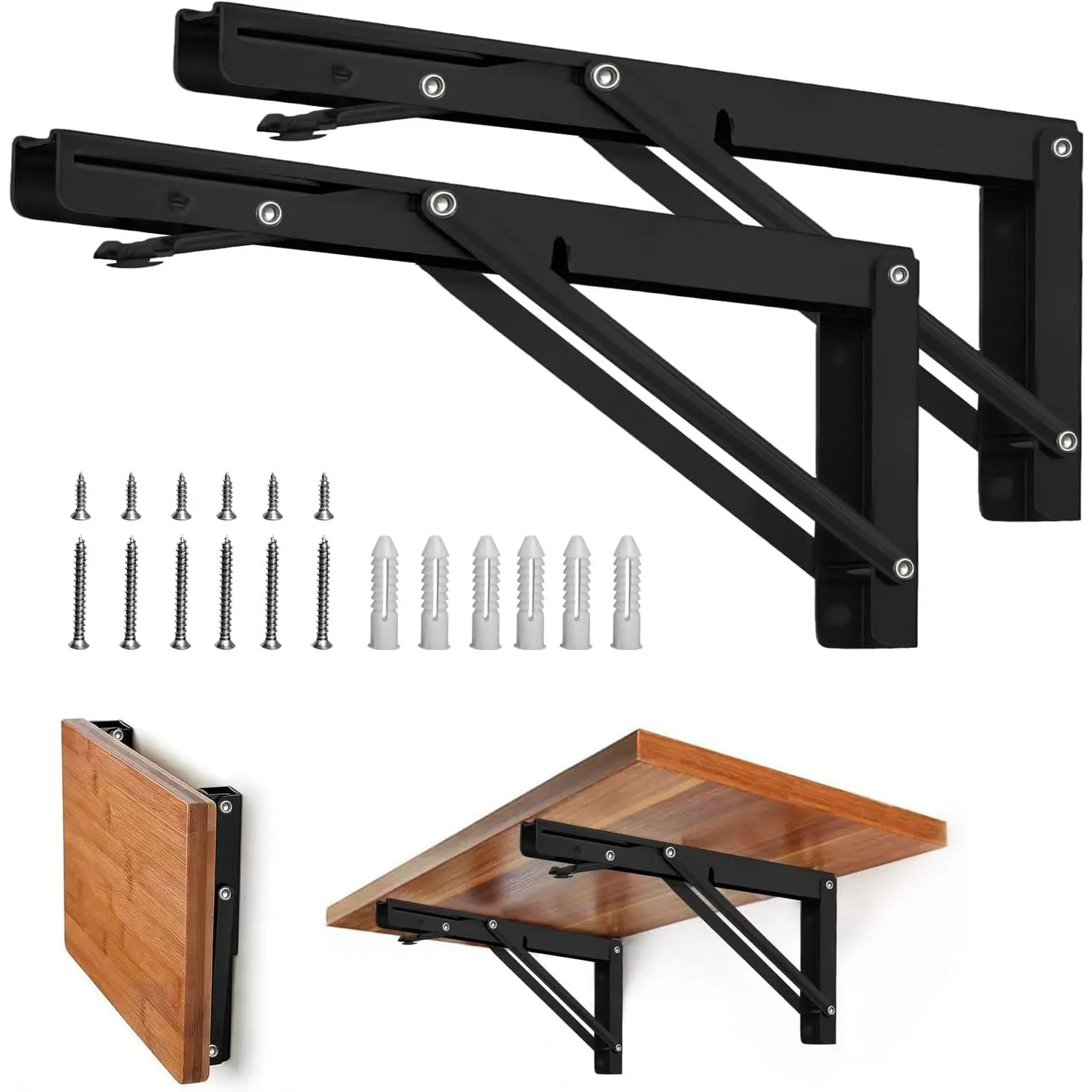 Folding Shelf Brackets - 12 Inch Heavy Duty Metal Collapsible Shelf Bracket for Bench Table, Shelf Hinge Wall Mounted Space Saving Bracket, Max Load: 150 lb Black