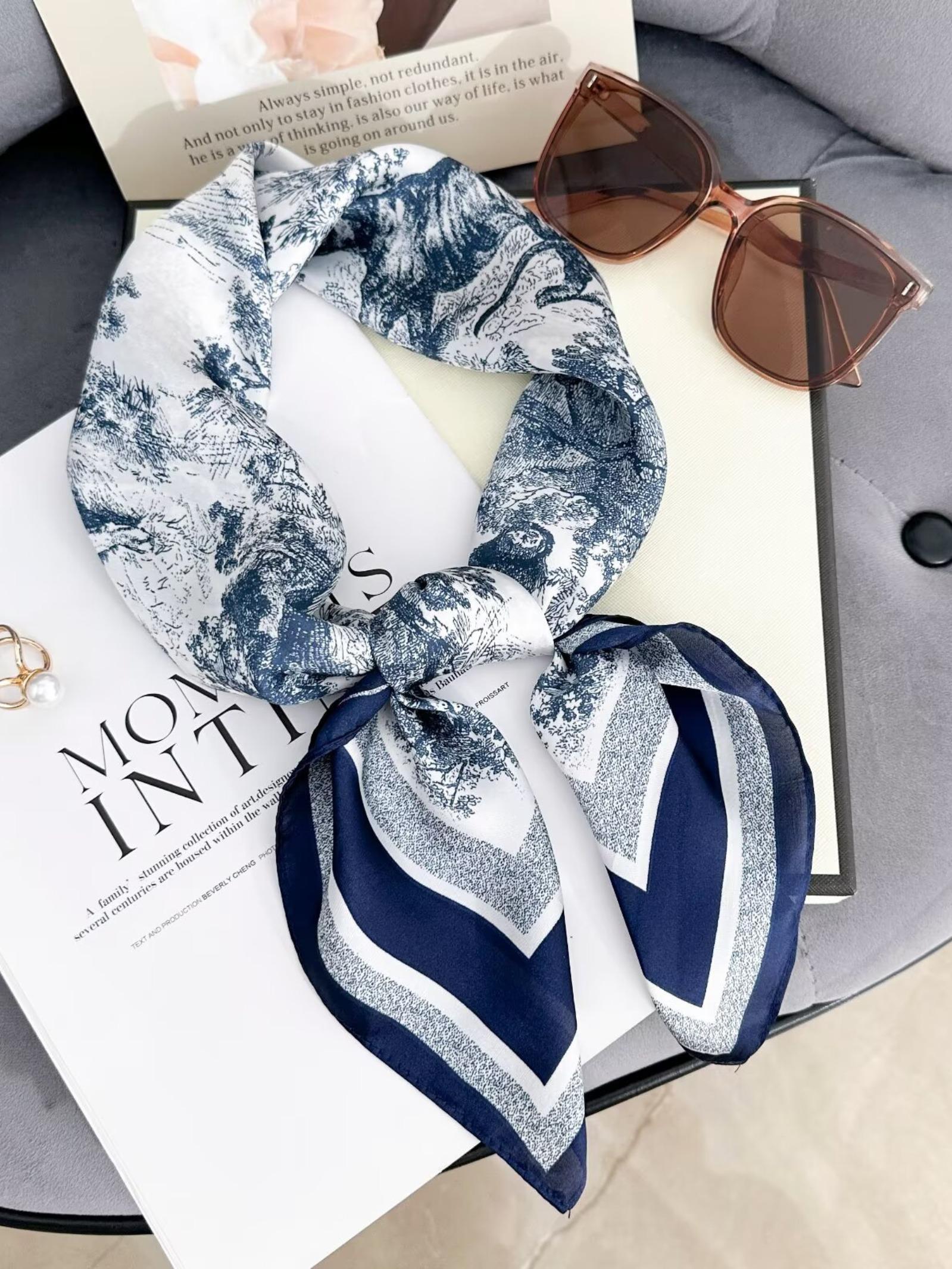 27.6 Inch Square Scarf with Landscape Print for Women, Fashionable Headband with Silk-like Elegance, All Seasons Casual Accessory for Style Enthusiasts