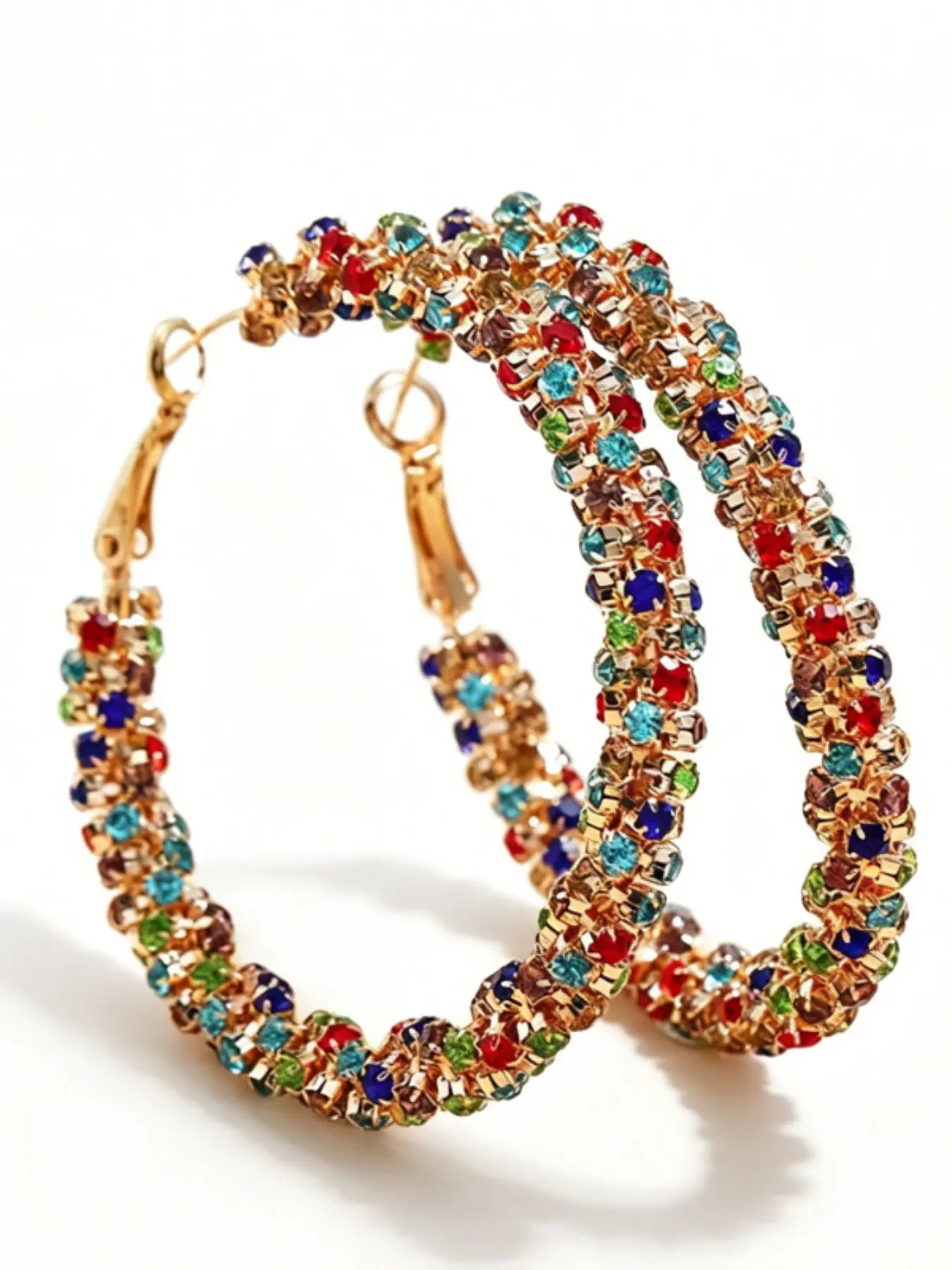 Rainbow Crystal Sparkling Hoop Earrings, Bohemian Style Sparkling Rhinestone Wrapped Hoop Pendant Earrings, Fashionable Jewelry Gift for Women's Carnival Parties