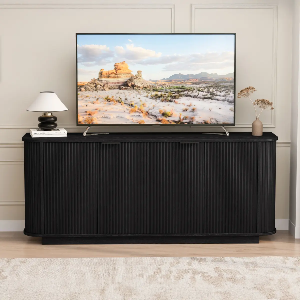 63"Wavy Storage Sideboard, Double-Door Buffet Cabinet with Adjustable Shelves, Suitable for Kitchen, Living Room, Hallway - Versatile Storage (Black)