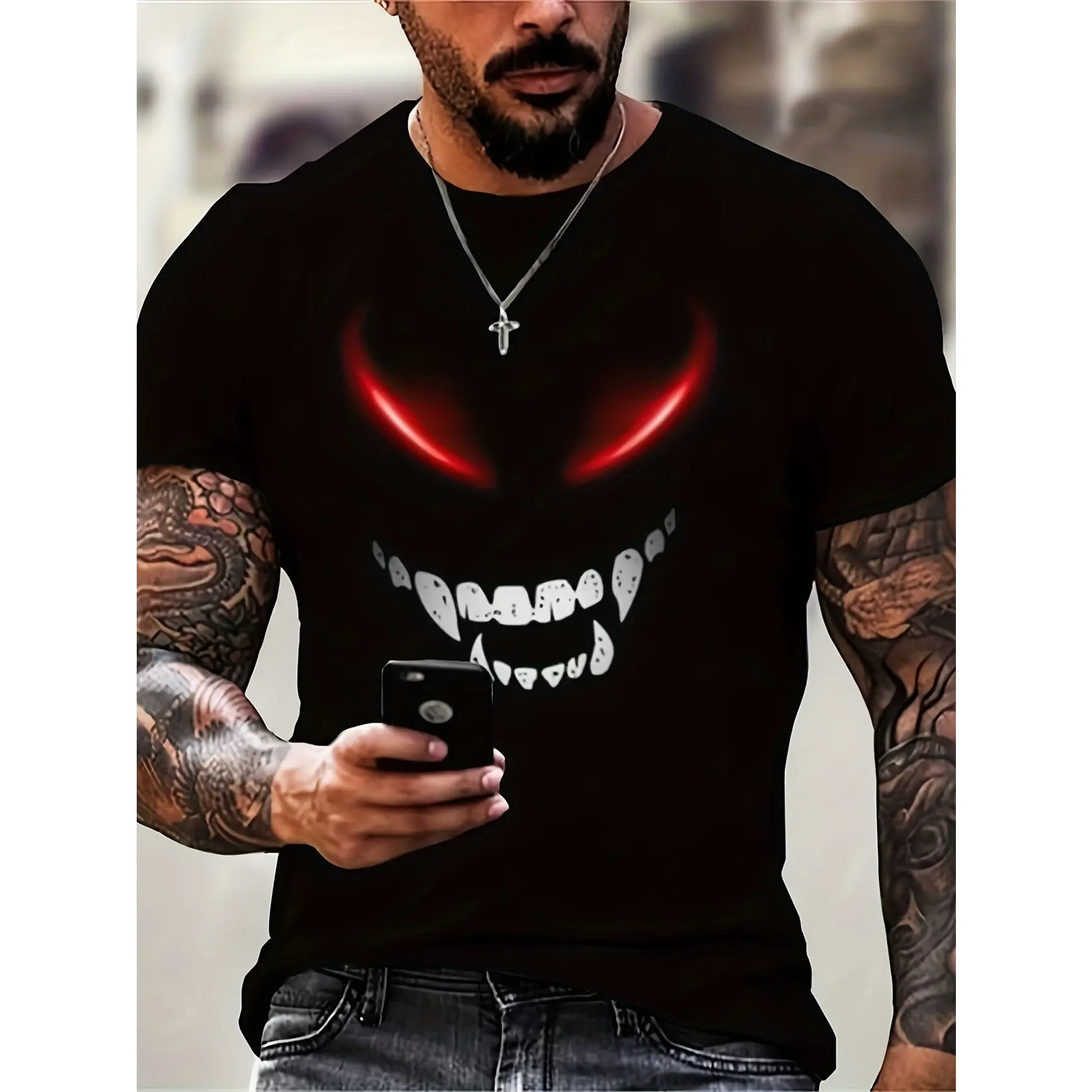 Devil Grin Red Glowing Eyes Graphic Oversized T-Shirt, Comfort Casual Fashion Outfit Tee, Ideal Valentine's Day Gift For Him Her, Perfect Holiday Present For Lovers Family Friends Gothic Streetwear Top