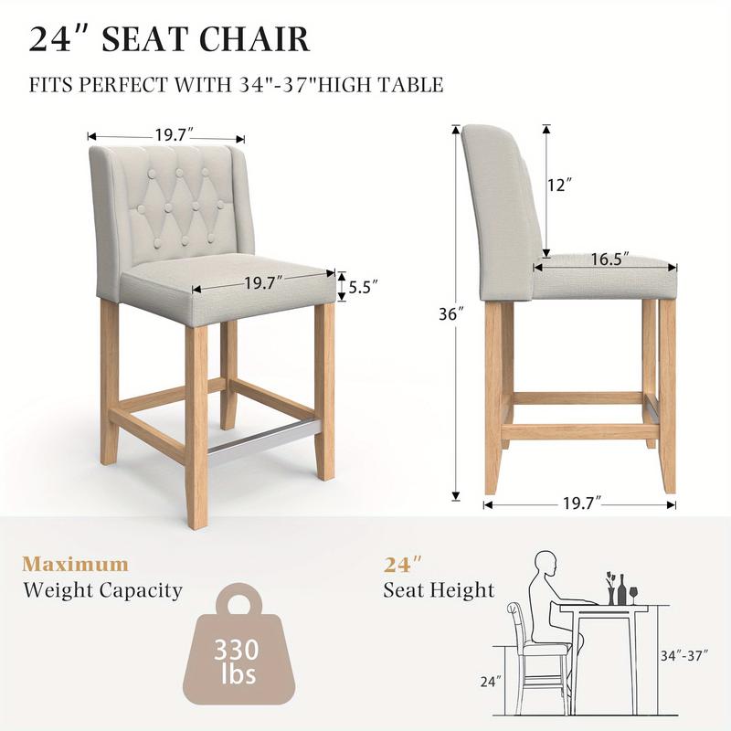 2-Piece Bar Stools, Solid Wood Counter Height Chairs with Upholstered Seat 2-Piece Bar Stools, Solid Wood Counter Height Chairs with Upholstered Seat