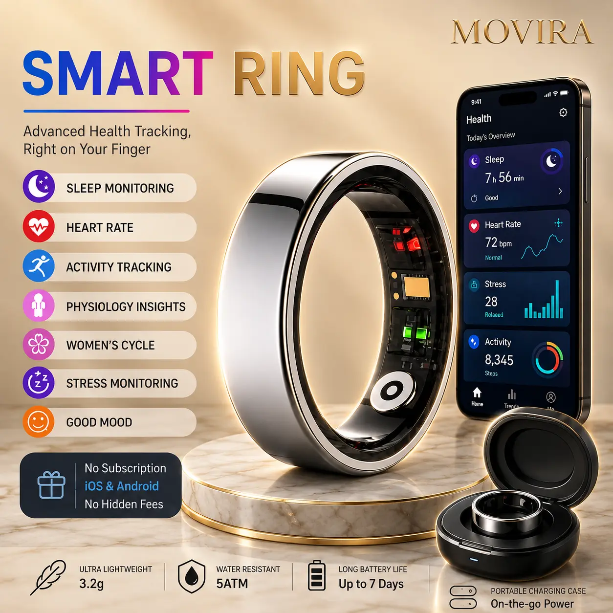 Smart Ring, Movira Health Tracker, Heart Rate, Fitness Tracker with 24/7 Sleep Tracking,  Stress & Cycle Insights, Family Care Mode, Free App, No Subscription for Men & Women, Android & iOS Compatible, Wearable, IP68 Waterproof Wearable Sport Device