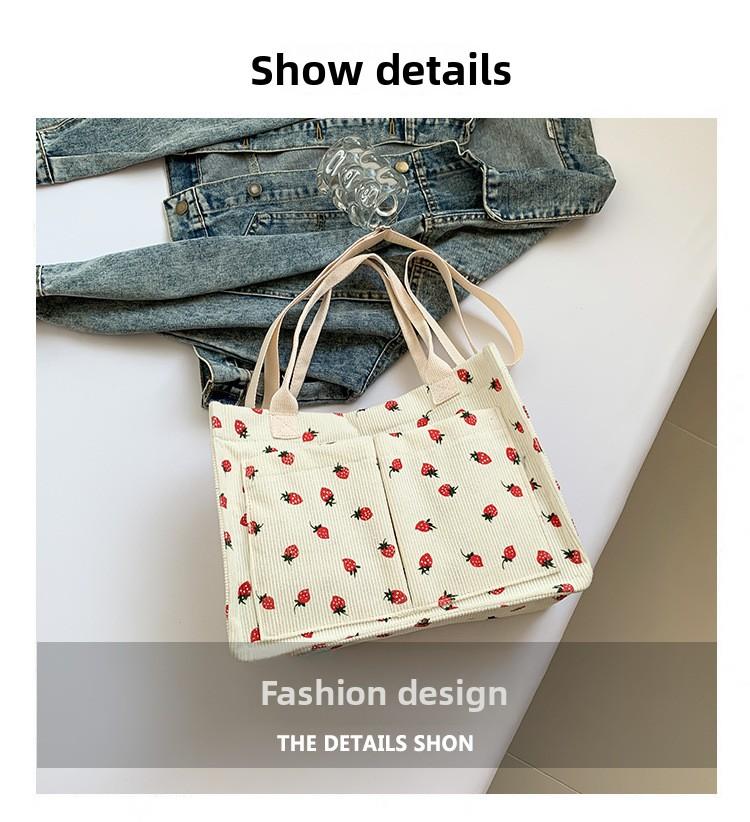Women's Tote Bag Strawberry Print Canvas Student Shoulder Handbag Large Capacity Multi-Pocket Travel Purse Casual Daily Use Durable Totebag