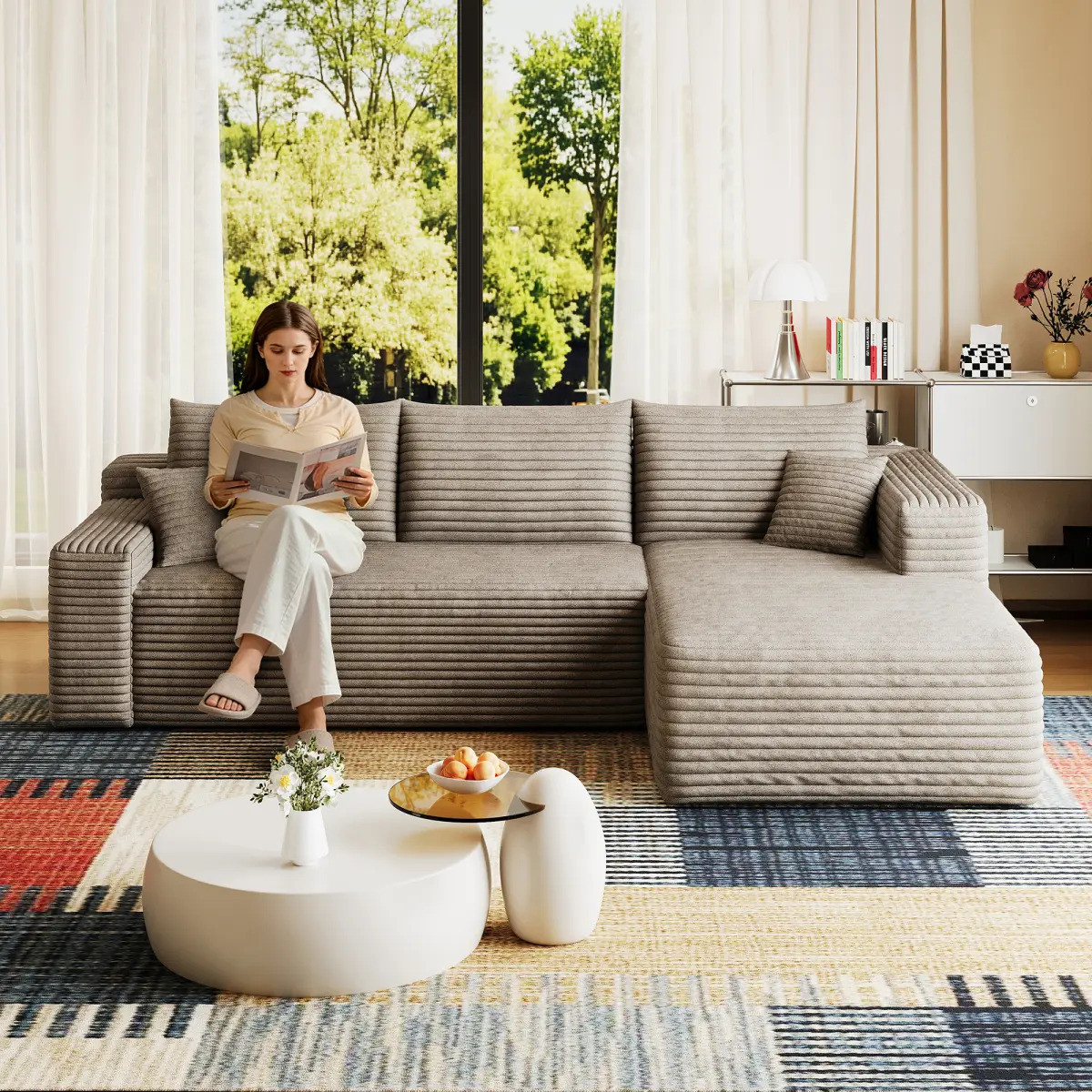96” L-Shaped Sofa Modular Sectional Couch with Chaise - Modern Comfy Corduroy Boneless Cloud Couches for Living Room, Memory Foam Sofa, No Assembly Required