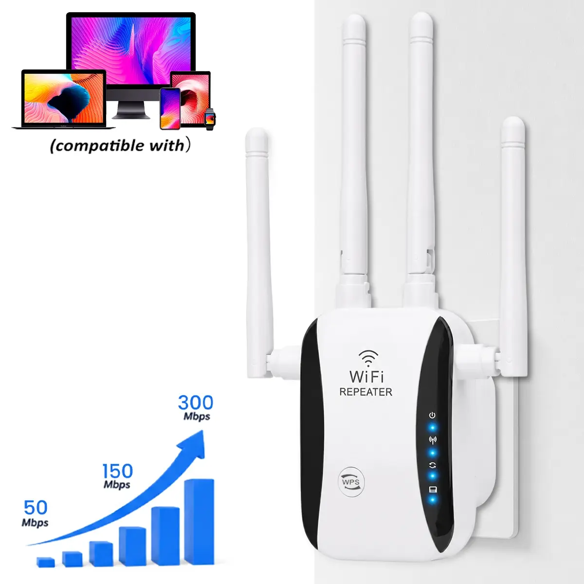 Best WiFi Extender Signal Booster - 4 Antenna 300Mbps Faster Internet Extender WiFi Booster for Home, Long Range Up To 15000 Sq Ft, WiFi Repeater W/Ethernet Port, 1-Tap Setup, Compatible with Wireless Routers