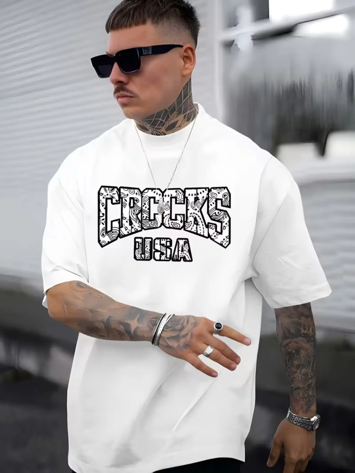Crooks Usa Letter Print Short Sleeve T-Shirt, Vintage Paisley Font, Loose Fit, Round Neck, Breathable Digital Print, Unisex Streetwear