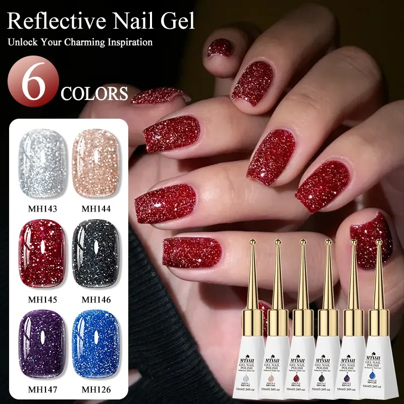 MTSSII 6pcs Nailcare Glitter Gel Nail Polish Set, 6 Colors Sparkle Red Purple Blue Gel Polish Kit Chameleon Crushed Diamond Multifunction Soak off UV Nail Gel DIY Manicure Nail Art Gift