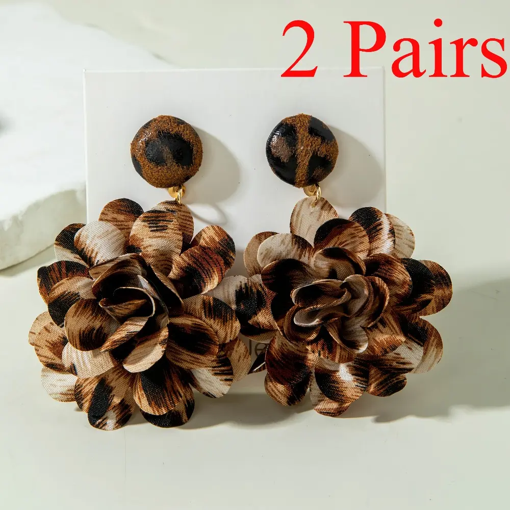 Women's 2-Pair Classic Vintage Leopard Print Costume Earrings - Copper Base Simulated 3D Flower Pendant Studs, Multi-Layer Camellia Shape Drop Dangles, Banquet Ready Autumn-Winter Gift for Friends