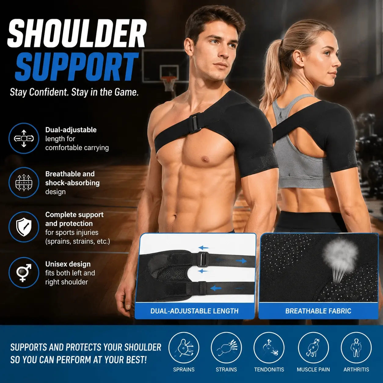 Anti-Slip Adjustable Sports Shoulder Strap, Unisex High-Performance Shoulder Support, Breathable Shock-Absorbing Design for Basketball, Badminton, Training, Gym Protection. Essential Universal Indoor Outdoor Sports Gear.