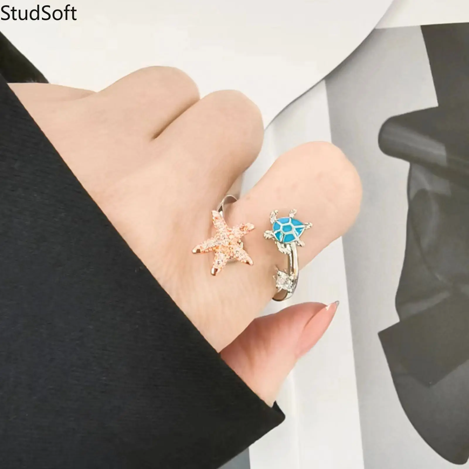 Women's 925 Sterling Silver Rotating Open Ring - Starfish, Sea Turtle, Cubic Zirconia Accents - Anxiety Fidget Spinner Stress Reliever Jewelry, Cute Gift for Sports & Outdoor Enthusiasts