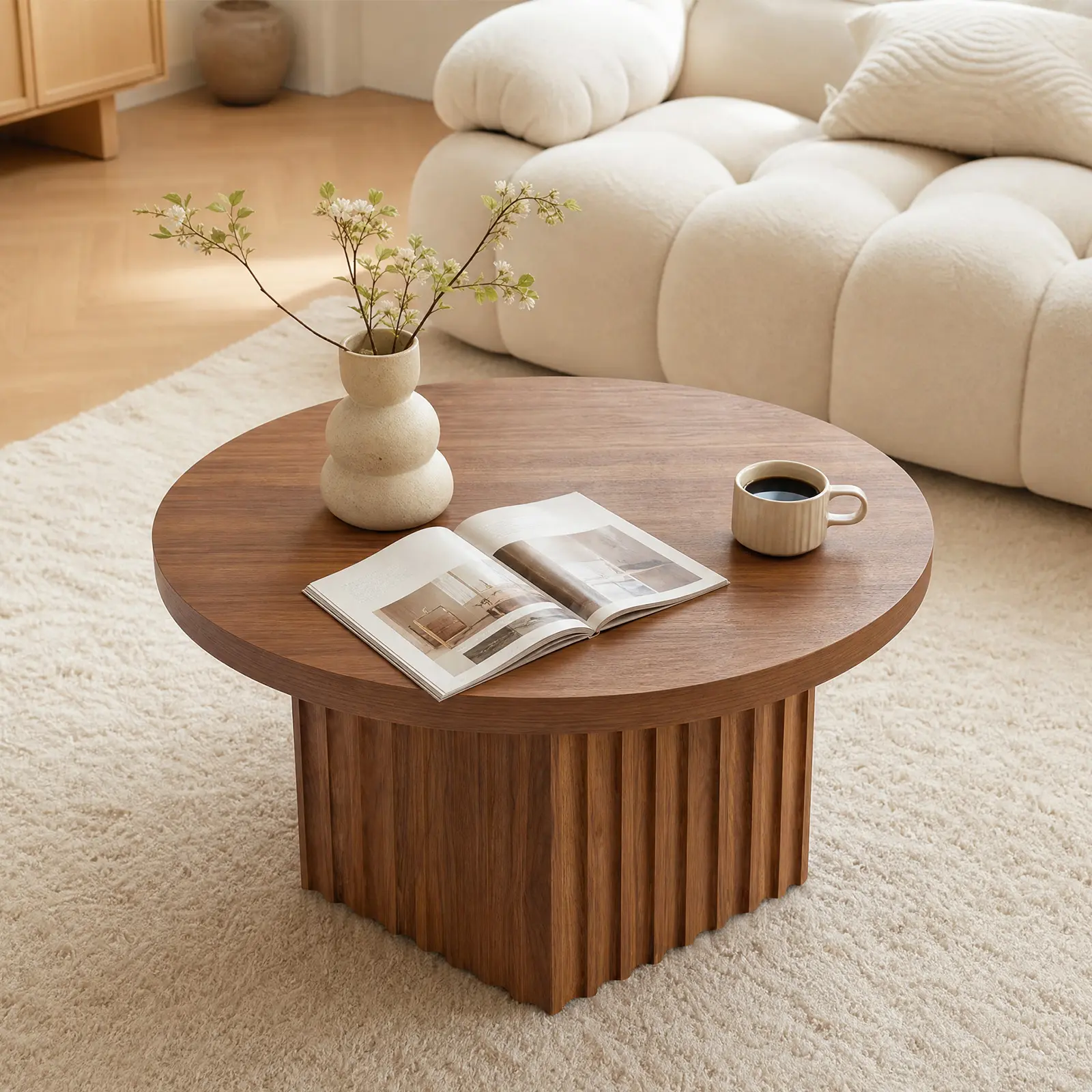 Modern Fluted Round Coffee Table – 31.5" Wood Farmhouse Boho Accent Center Table with Pedestal Base for Living Room & Small Apartments