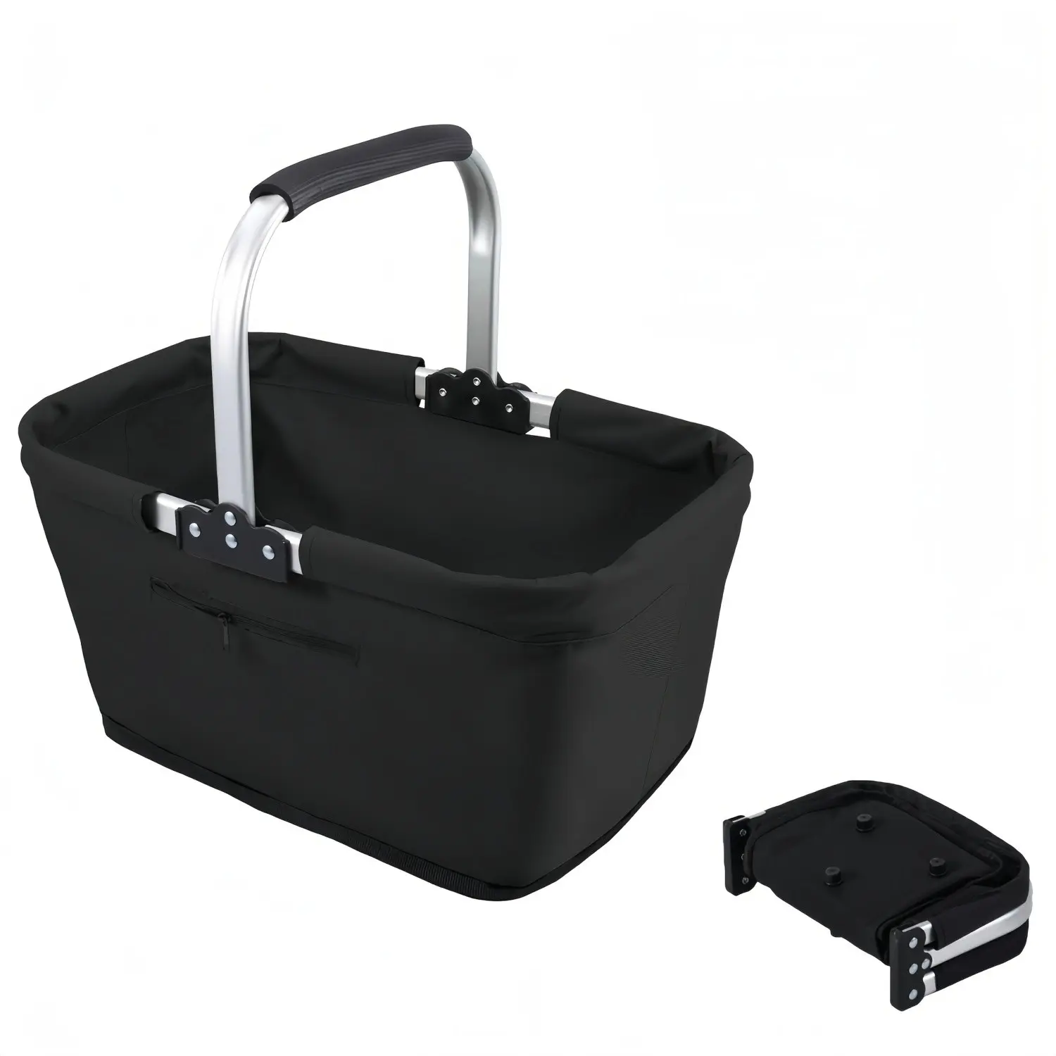 600D Oxford cloth aluminum alloy shopping basket, 26 liters, basket with handles, picnic basket with soft padded handle and zipper pocket, foldable shopping bag with a maximum load capacity of 15 kilograms, shopping, picnic and storage basket (black)
