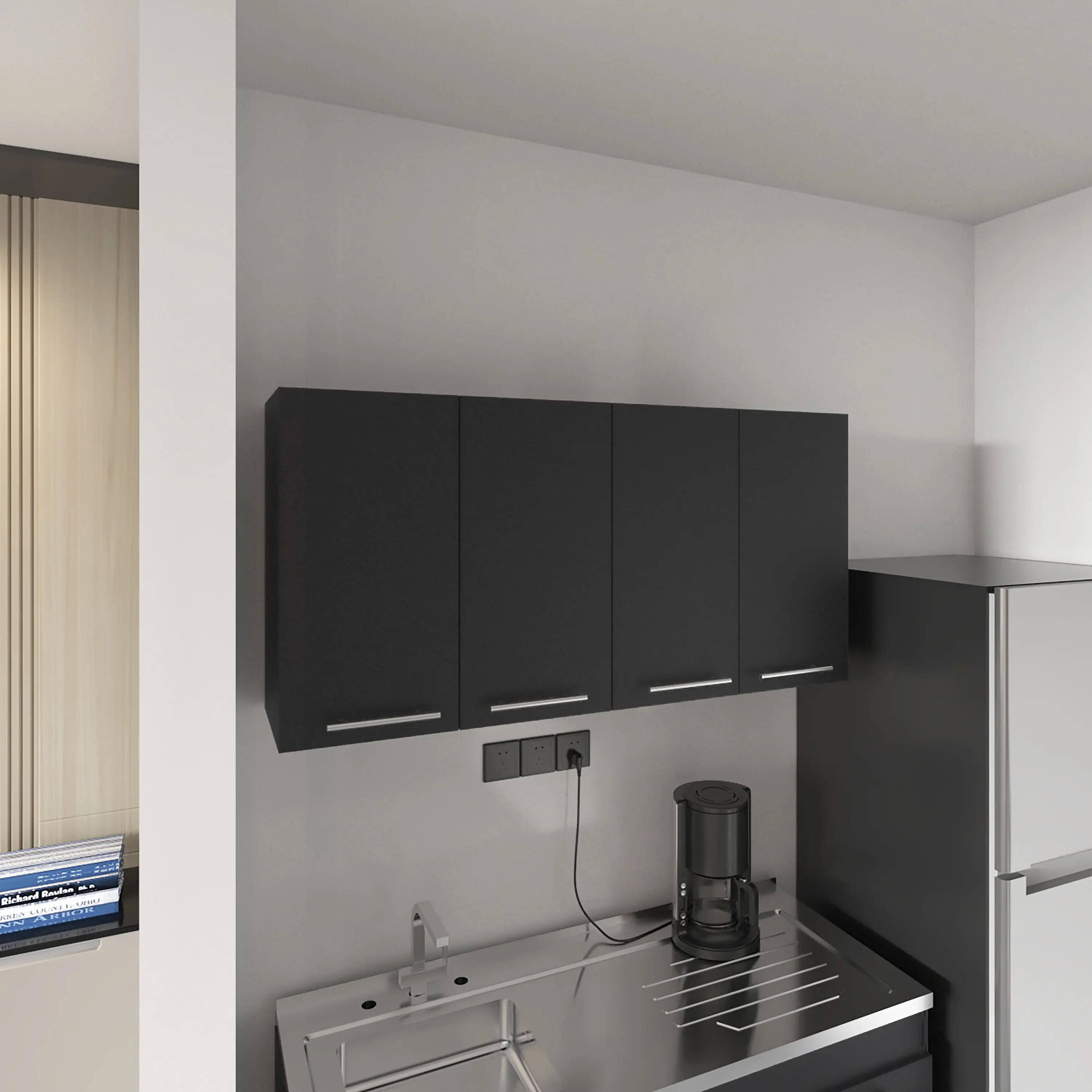 Nokaa Wall Mounted Kitchen Cabinet with 4 Doors and 2 Divisions, Black Particle Board Storage Cupboard for Kitchen, Modern Industrial Style, Easy Assembly, 59W x 13.1D x 23.6H Inches, Black Color Options, Particle Board Material