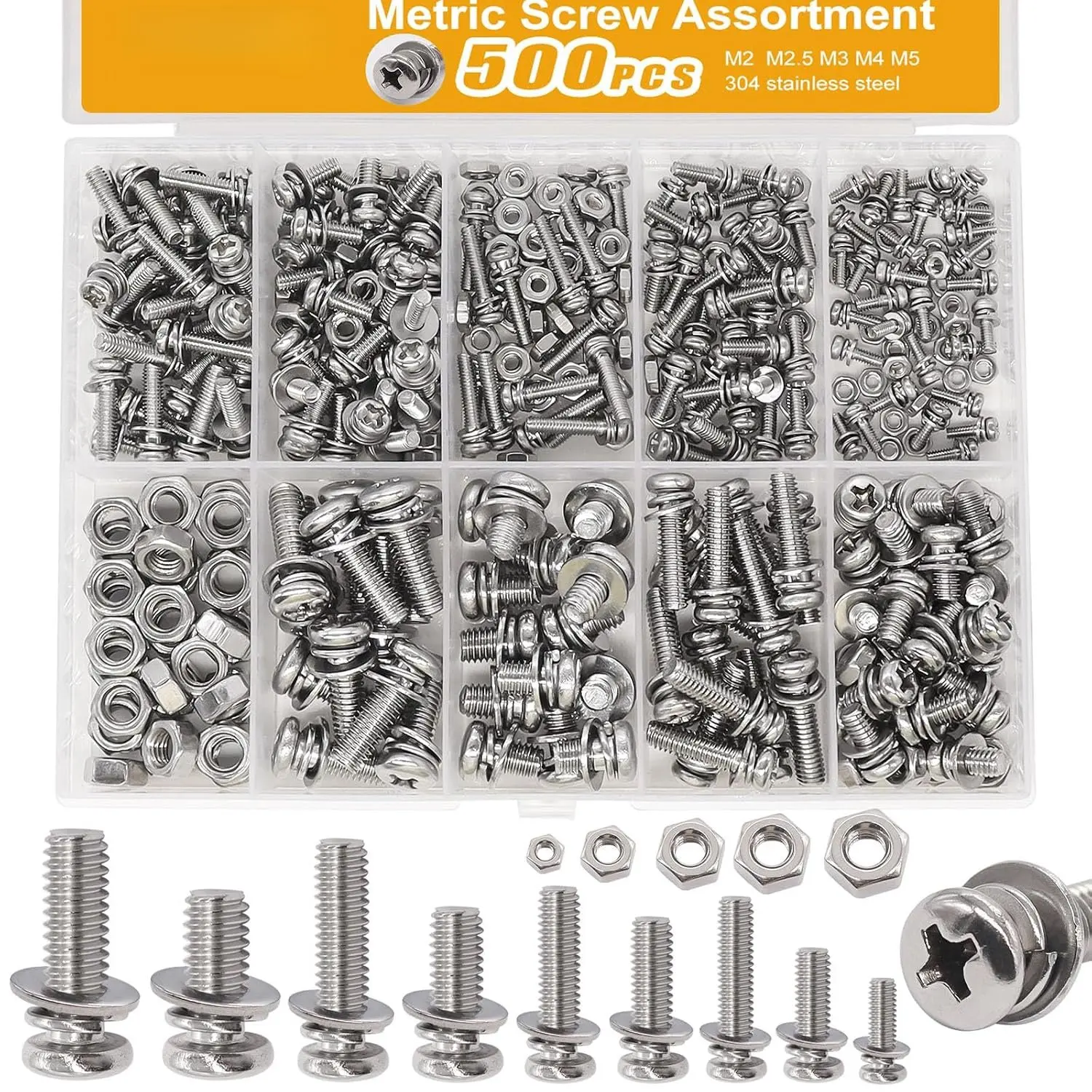 500 count Nut and Bolt  Kit,M2 M2.5 M3 M4 M5 Machine Screws, 304 Stainless Steel Combination Screws for Electronics,,DIY Projects K-188