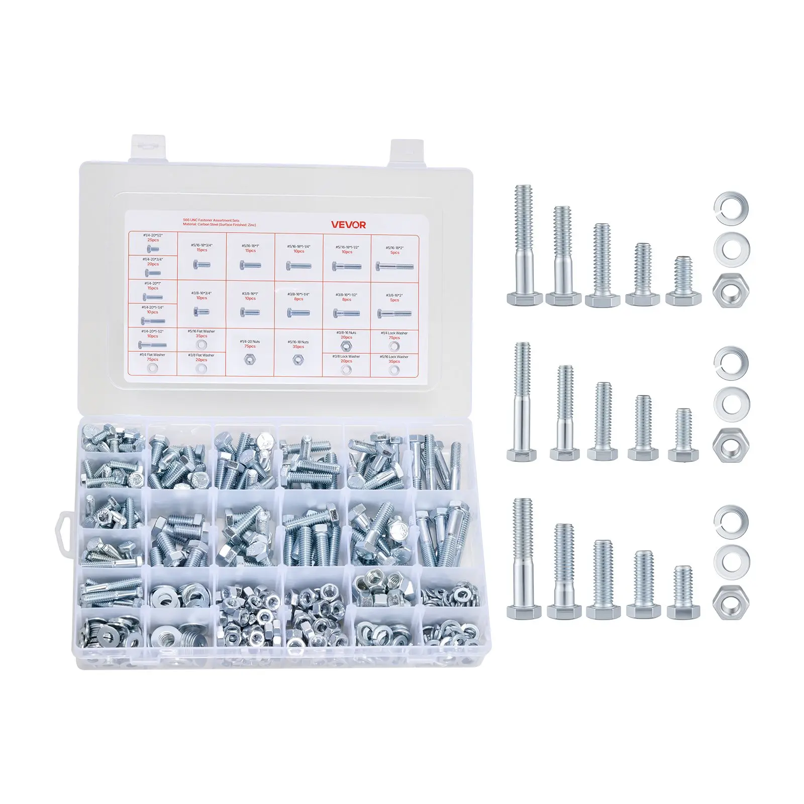 VEVOR 566 Pcs Bolts and Nuts Assortment Kit, Imperial Machine Screws and Flat Washers, Alloy Steel 1/4-20, 5/16-18, 3/8-16, for Furniture/Equipment/Vehicle Assembly, Galvanized White, Assembly Kits, Assorted Sizes