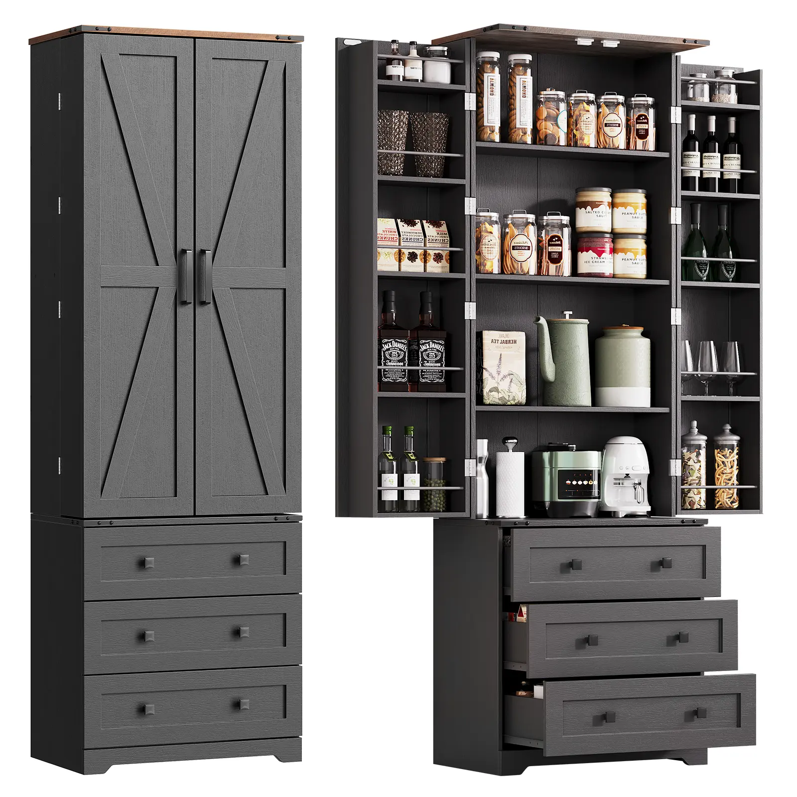 72'' Tall Kitchen Pantry Cabinet with 3 Drawers, Farmhouse Freestanding Storage Cupboard with Adjustable Shelves, Black & Brown Large Cabinet for Kitchen