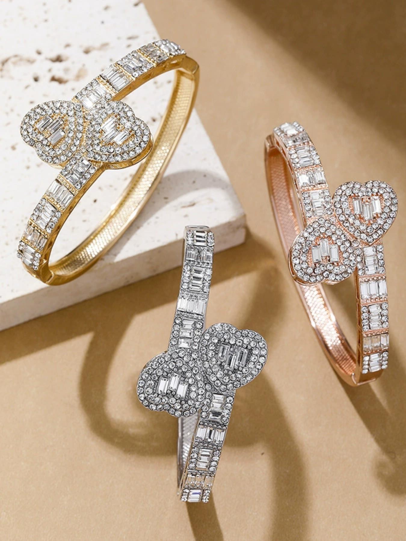 Women's Rhinestone Decorated Heart Shaped Bracelet, Fashionable Jewelry for Party, Everyday Accessories, Trendy All-match & Exquisite Jewelry for Birthday Gift