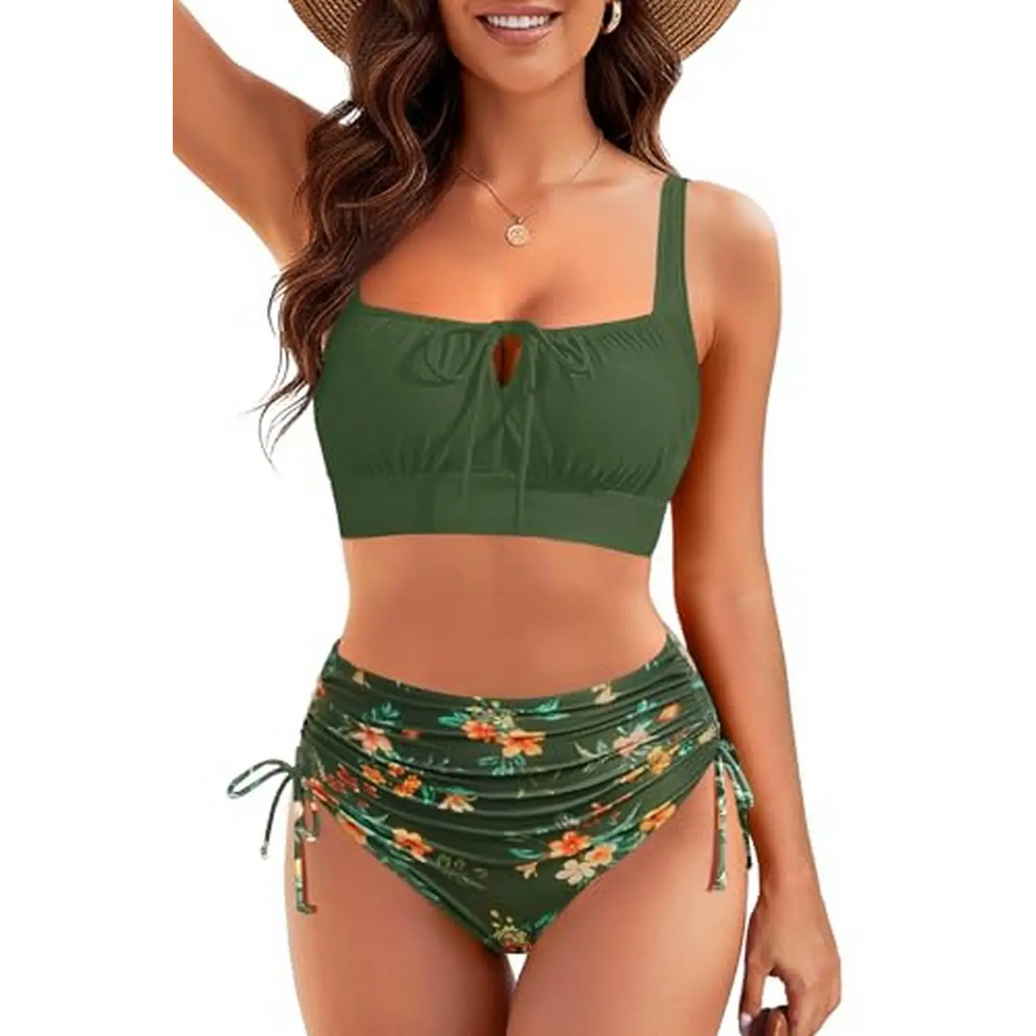 Yonique Women's High Waisted Bikini Set - Two Piece Tummy Control Swimsuit Square Neck Tie Bathing Suit