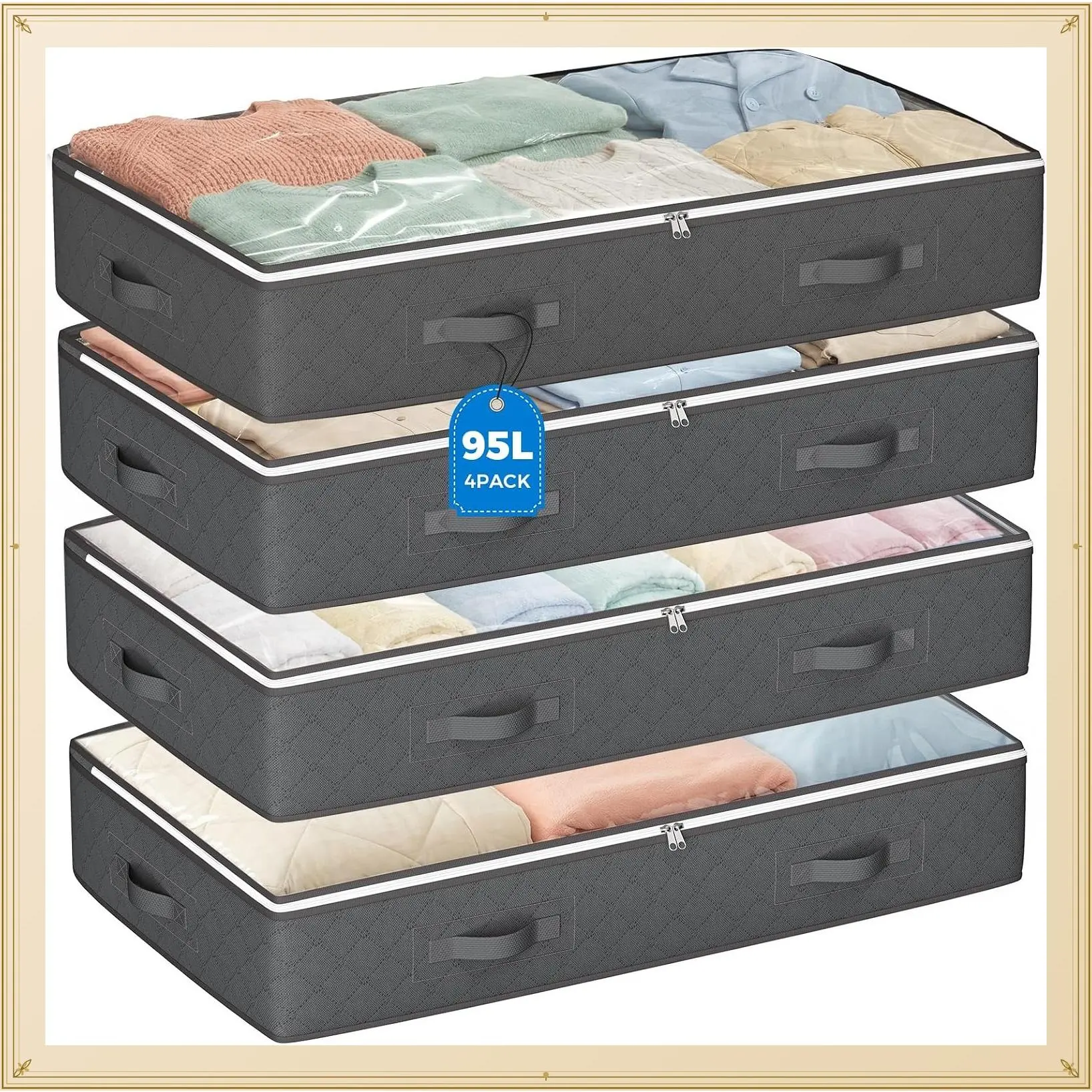 95L Under Bed Storage Containers, 4 Pack Foldable Grey Closet Organizer Bins for Clothes, Blankets, Comforters, Linens, Sweaters, Pillows, Wrapping PaperGift