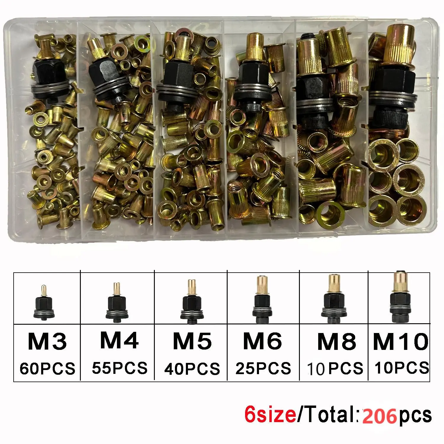 206 Pcs Assorted Zinc Plated Carbon Steel Blind Rivet Nuts Kit, Knurled Flanged Blind Rivnuts with Anti-slip Design, Precise threads prevent stripping for stable fastening. Includes M3/M4/M5/M6/M8/M10, ideal for sheet metal.