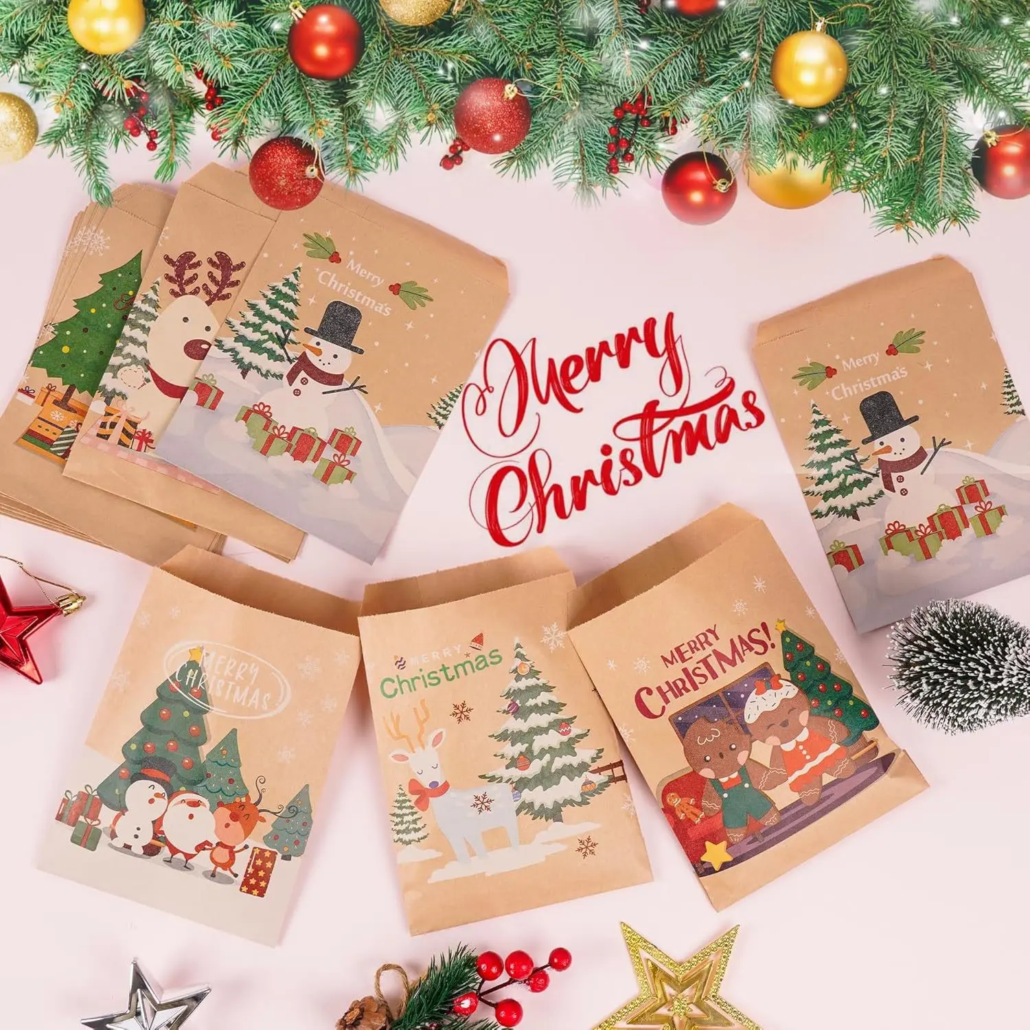 Christmas Candy Paper Bags, Christmas Tree Santa Kraft Paper Bags, Holiday Party Snack Gift Packaging, Festive Treat Wrappers