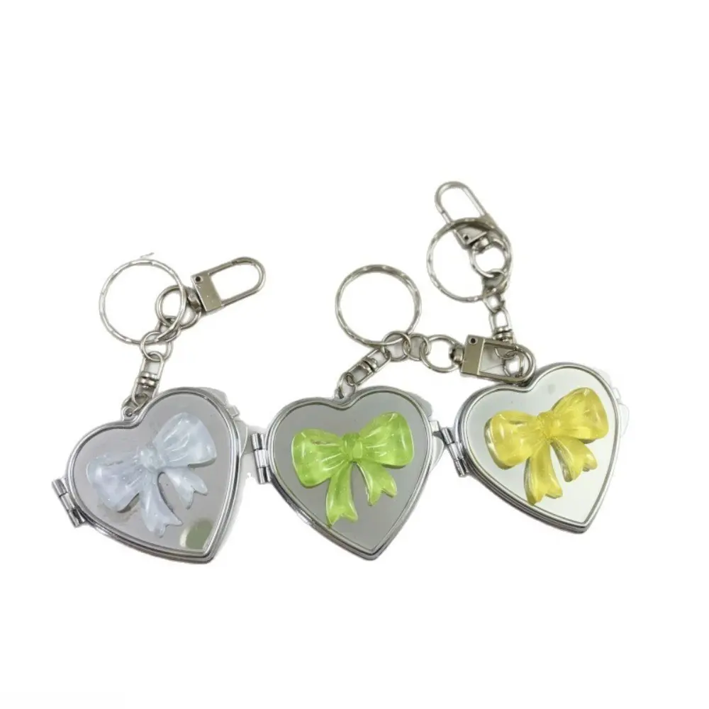 Coquette Heart Bow Mirror Keychain for Girls, Foldable Zinc Alloy Compact with Double Mirrors, Scratchproof Portable Bag Charm for Daily Carry, Girl, Heart Design Keychain, Multifunctional Keychain