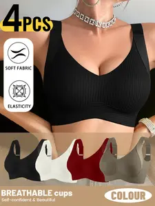 4 Pack Value Set Jelly Strip Soft Support V-Neck Bra, Ribbed Texture Wide Comfort Straps, Wire Free Seamless Push Up Side Smoothing Anti Sagging Lingerie