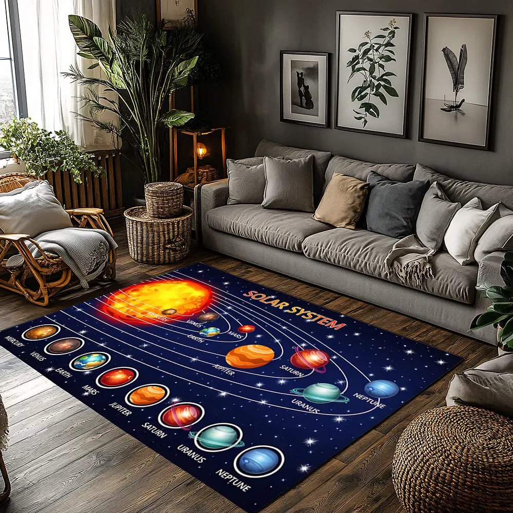 Dark Blue Starry Solar System Planet Crystal Velvet Non-Slip Kids Educational Area Rug #SolarSystemKidsRug #PlanetEducationalMat #DarkBlueSpaceCarpet #CrystalVelvetPlayFloorMat