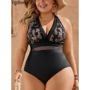 VigoBreviya 2026 Solid Hollow Plus Size Swimwear Women Lace Push Up Chubby Curvy One Piece Swimsuit Lady Large Big Bathing Suit