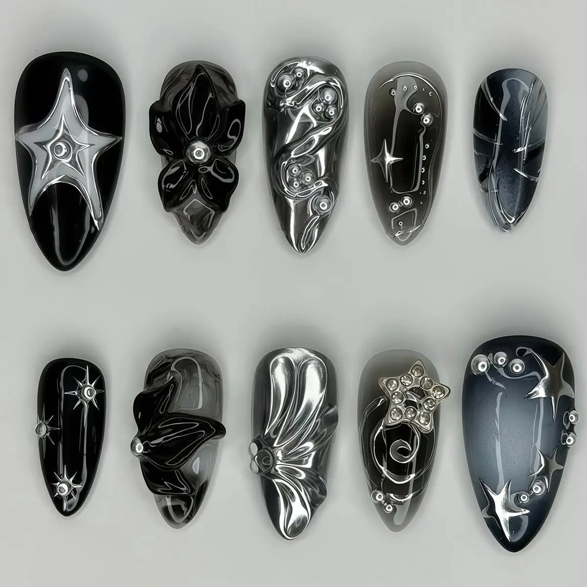 Y2K Gothic Press on Nails, 30pcs 3D Silver Color Star & Chrome Swirl Metallic Sparkle Fake Nails, Reusable DIY Nail Art for Grunge Style, Decorative Nails