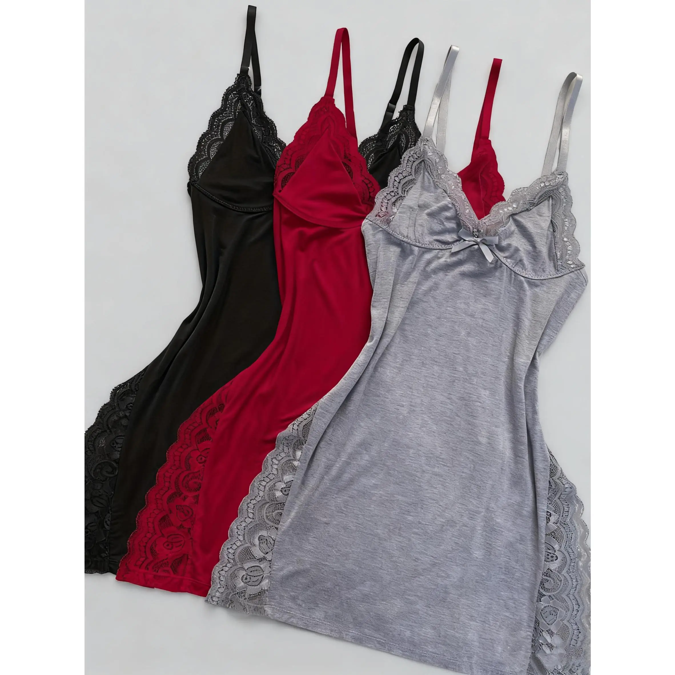 Women's Elegant Sleeveless Solid Color Night Gown & Lounge Set - Black/Red/Gray, Sexy Lace Panels, Side Slits, Fitted Cut, Lace Trim - Ideal for Holiday, Valentine's Day Adult Sleepwear
