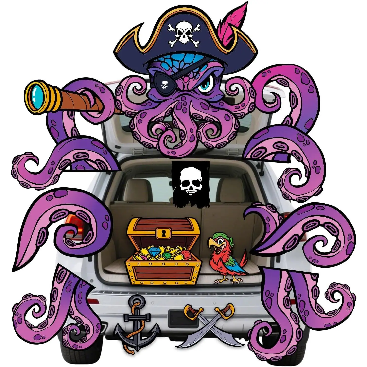 Halloween Pirate Trunk Decorations Kit - Synthetic Durable Octopus, Banner, Entryway Stickers for SUV, Garage Door Outdoor/Indoor Festive Home & Party Supplies