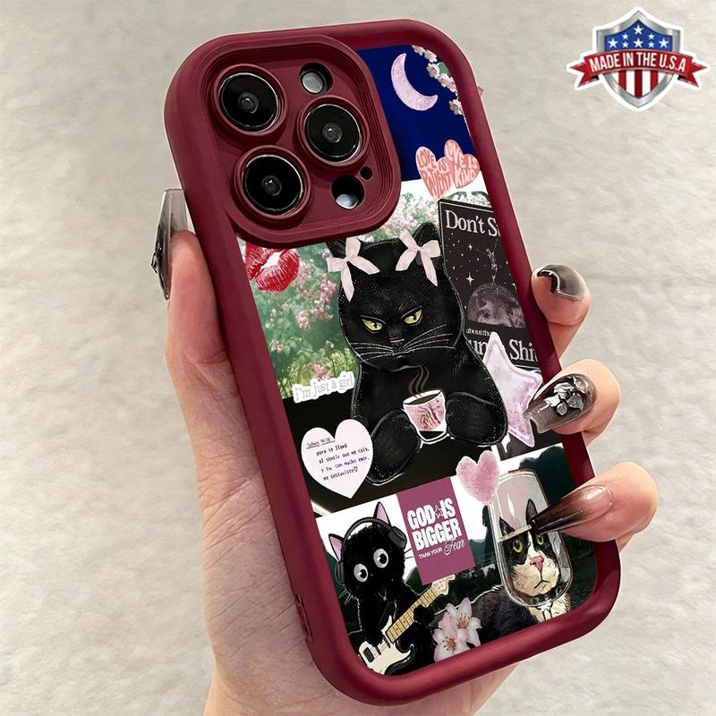 Cute Funny Black Cat Aesthetic Collage Pattern Case for iPhone 17 Pro Max 16 15 14 13 12 11 XR XS Plus Air Slim Shockproof Anti Drop Protective Lightweight TPU Cover